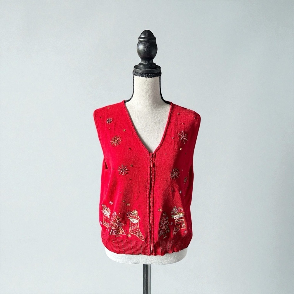 Draper’s & Damon’s Women’s Red Holiday Christmas Sweater Vest Zip Front Size PS